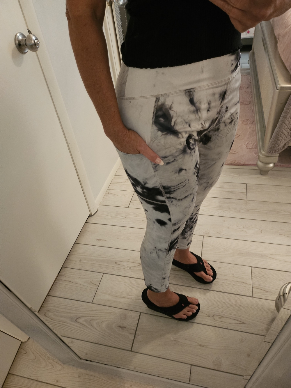 Centro Black & White Marble-Print High-Waist Leggings Double Pockets